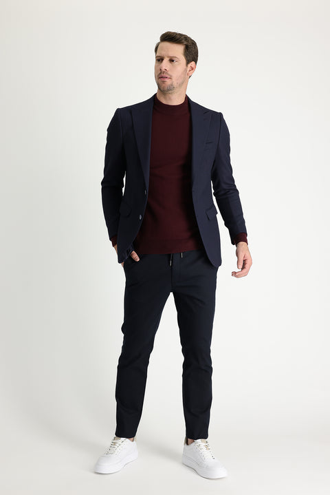 Dark Navy Regular Fit Standard Cut Elasticated Waist Drawstring Stretchy Trousers