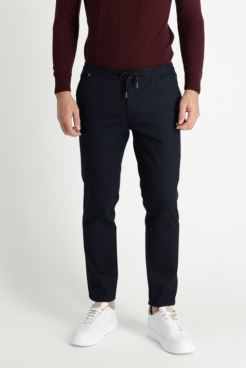 Dark Navy Regular Fit Standard Cut Elasticated Waist Drawstring Stretchy Trousers