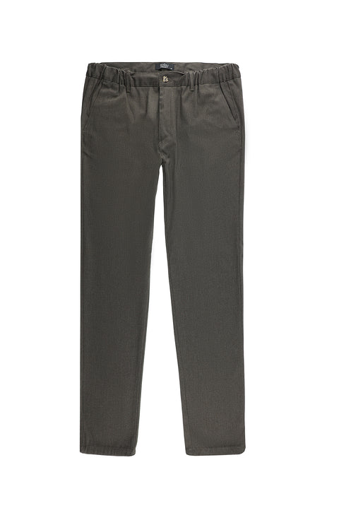 Medium Brown Slim Fit Narrow Cut Elasticated Waist Stretchy Canvas / Chino Trousers