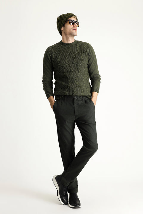 Dark Green Slim Fit Narrow Cut Elastic Waist Lycra Canvas / Chino Trousers