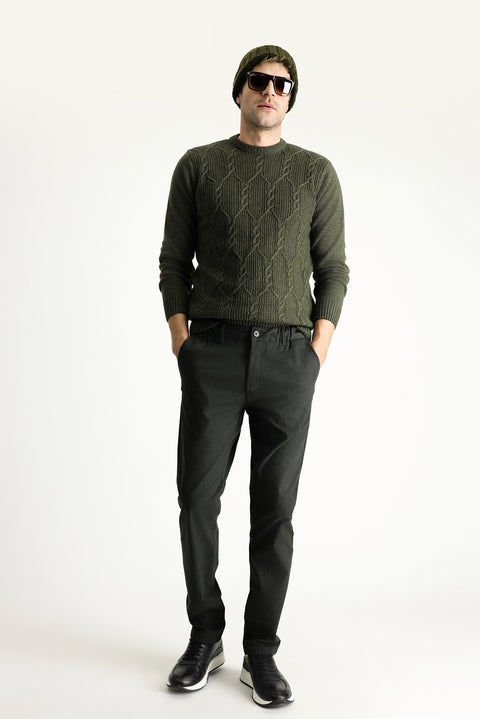 Dark Green Slim Fit Narrow Cut Elastic Waist Lycra Canvas / Chino Trousers