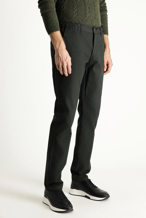 Dark Green Slim Fit Narrow Cut Elastic Waist Lycra Canvas / Chino Trousers