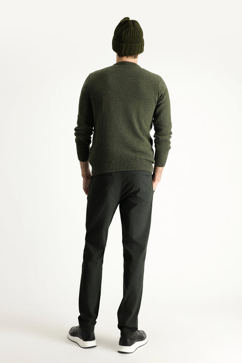 Dark Green Slim Fit Narrow Cut Elastic Waist Lycra Canvas / Chino Trousers