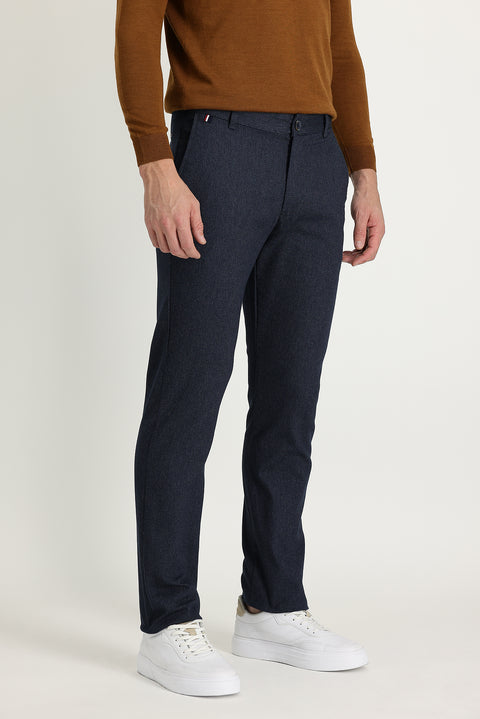 Medium Navy Regular Fit Standard Cut Patterned Lycra Canvas / Chino Trousers