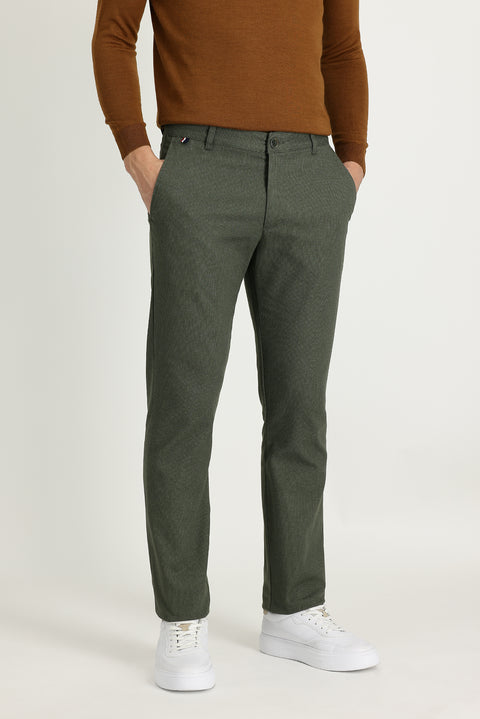 Medium Khaki Regular Fit Standard Cut Patterned Lycra Canvas / Chino Trousers