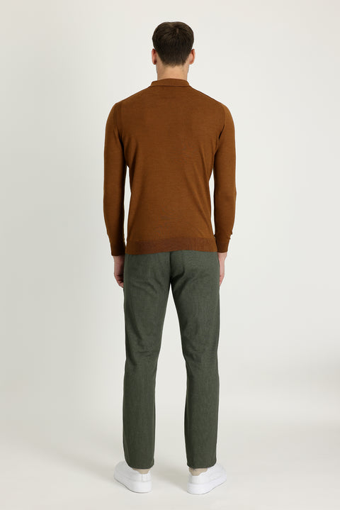 Medium Khaki Regular Fit Standard Cut Patterned Lycra Canvas / Chino Trousers