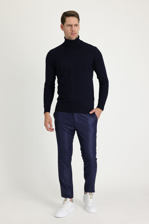Dark Navy Super Slim Fit Extra Narrow Cut Patterned Classic Fabric Trousers