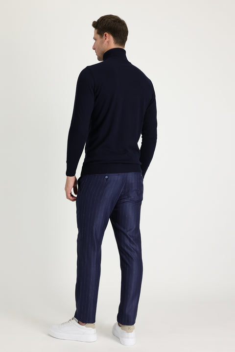Dark Navy Super Slim Fit Extra Narrow Cut Patterned Classic Fabric Trousers