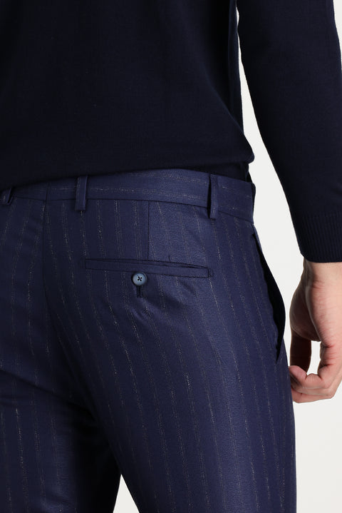 Dark Navy Super Slim Fit Extra Narrow Cut Patterned Classic Fabric Trousers