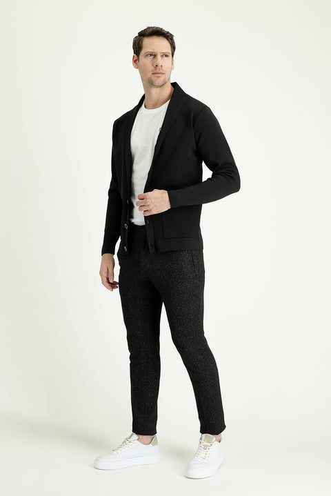 Black Slim Fit Narrow Cut Patterned Lycra Canvas / Chino Trousers