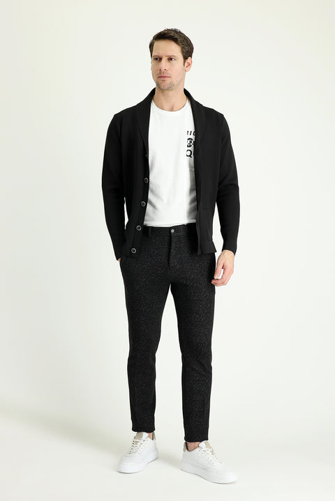 Black Slim Fit Narrow Cut Patterned Lycra Canvas / Chino Trousers