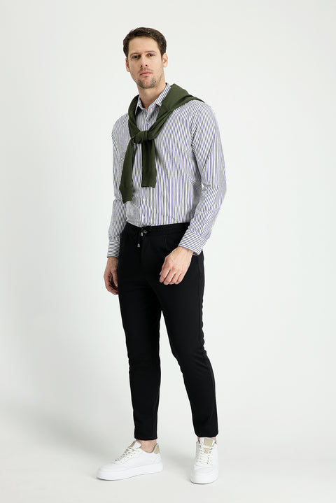Black Relaxed Fit Comfortable Cut Pants with Elastic Waistband and Drawstring (Lycra)
