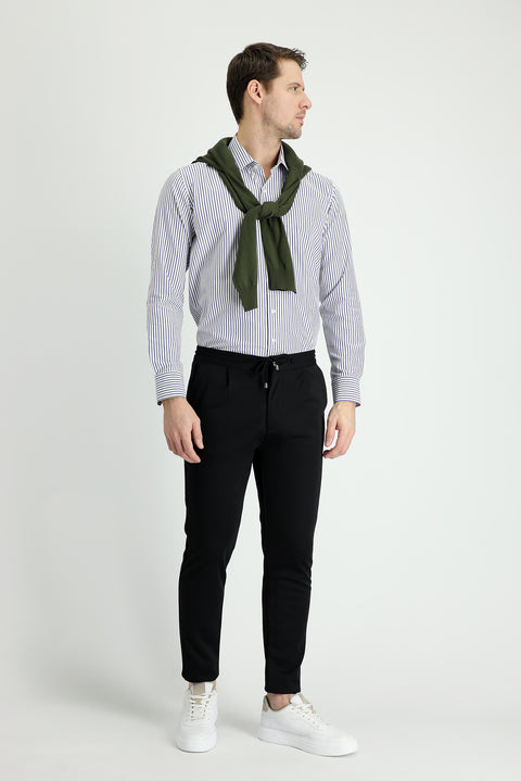 Black Relaxed Fit Comfortable Cut Pants with Elastic Waistband and Drawstring (Lycra)