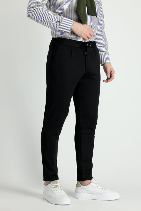 Black Relaxed Fit Comfortable Cut Pants with Elastic Waistband and Drawstring (Lycra)