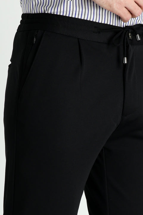 Black Relaxed Fit Comfortable Cut Pants with Elastic Waistband and Drawstring (Lycra)