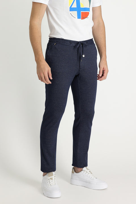Mid Navy Regular Fit Standard Cut Elasticated Waist Drawstring Patterned Cotton Trousers