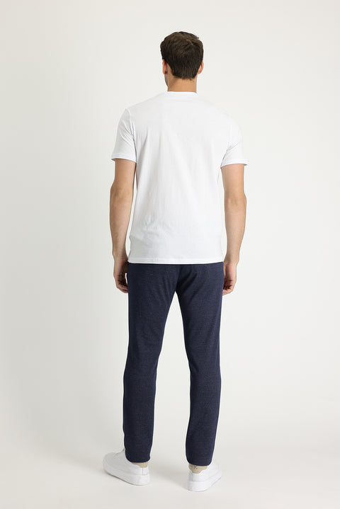 Mid Navy Regular Fit Standard Cut Elasticated Waist Drawstring Patterned Cotton Trousers