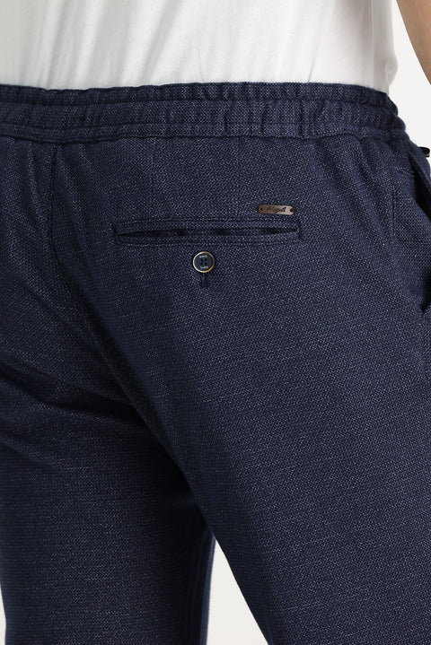 Mid Navy Regular Fit Standard Cut Elasticated Waist Drawstring Patterned Cotton Trousers