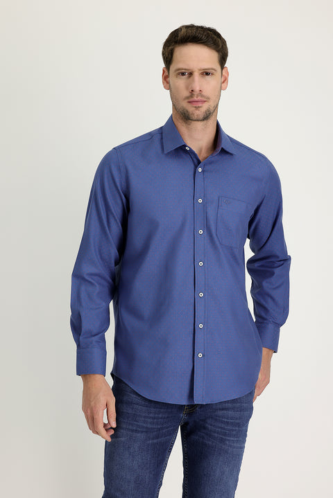 Medium Navy Long Sleeve Regular Fit Patterned Cotton Shirt