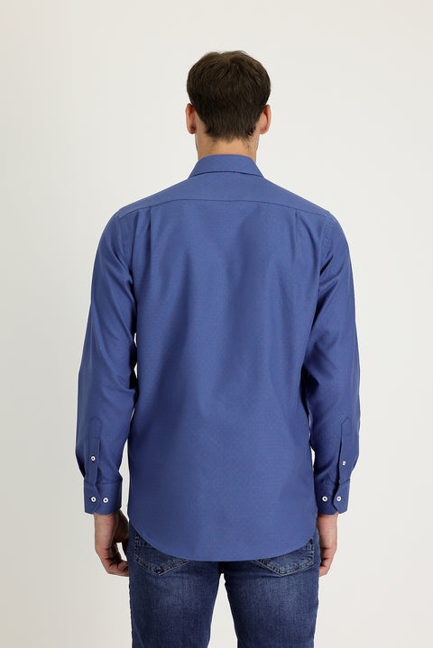 Medium Navy Long Sleeve Regular Fit Patterned Cotton Shirt