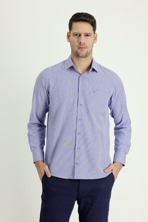 Blue Long-Sleeve Classic Patterned Cotton Easy-Iron Shirt