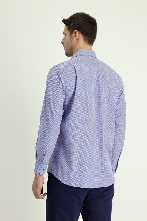 Blue Long-Sleeve Classic Patterned Cotton Easy-Iron Shirt