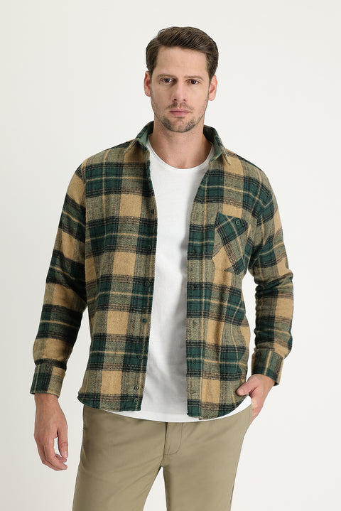 Koyu Yeşil Uzun Kol Regular Fit Ekose Shacket Oduncu Pamuklu Gömlek