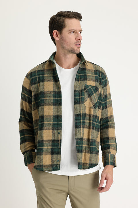 Koyu Yeşil Uzun Kol Regular Fit Ekose Shacket Oduncu Pamuklu Gömlek
