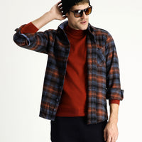 Dark Blue Long Sleeve Regular Fit Plaid Shacket Lumberjack Cotton Shirt