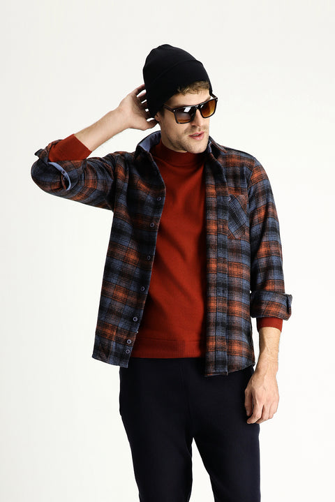 Dark Blue Long Sleeve Regular Fit Plaid Shacket Lumberjack Cotton Shirt