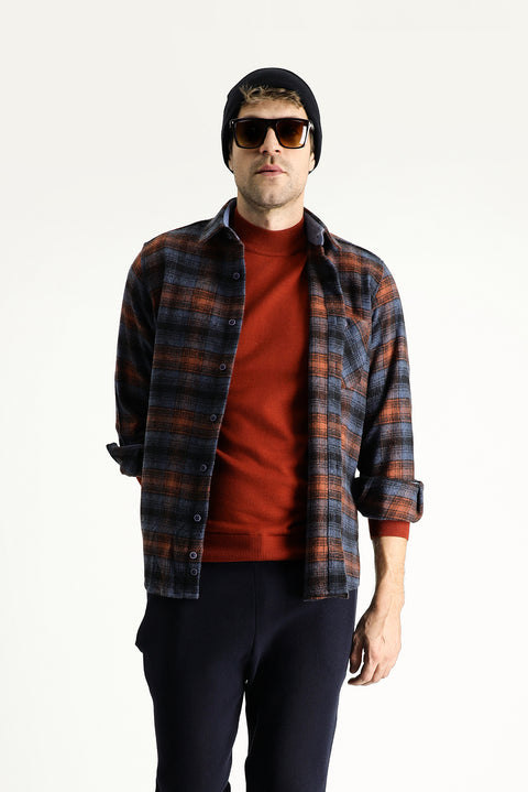 Dark Blue Long Sleeve Regular Fit Plaid Shacket Lumberjack Cotton Shirt