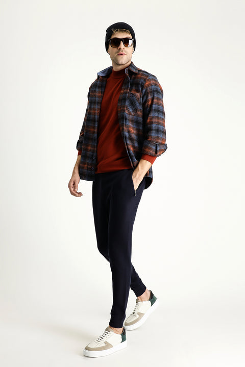 Dark Blue Long Sleeve Regular Fit Plaid Shacket Lumberjack Cotton Shirt