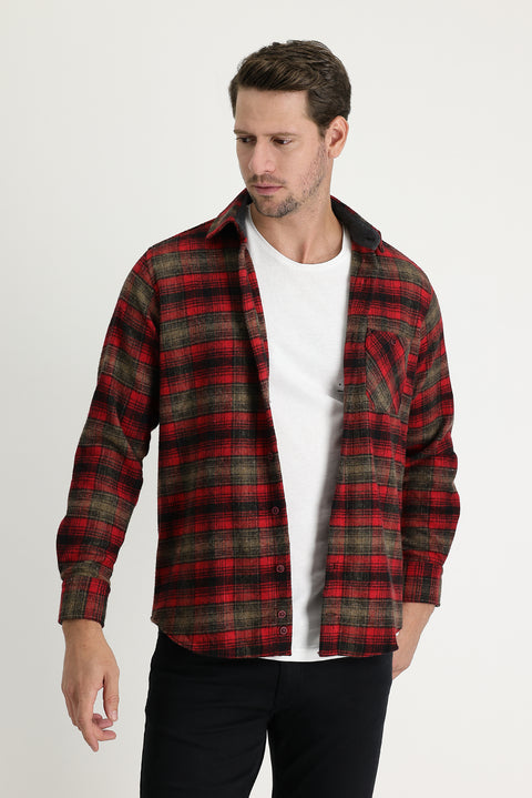 Light Burgundy Long Sleeve Regular Fit Plaid Shacket Lumberjack Cotton Shirt