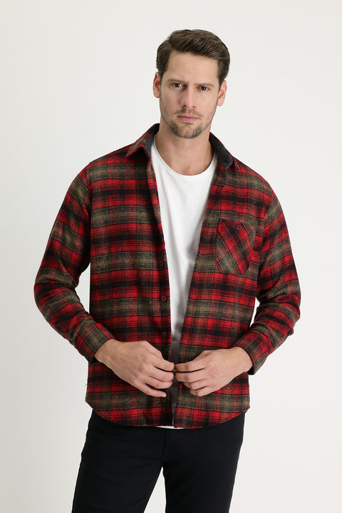 Light Burgundy Long Sleeve Regular Fit Plaid Shacket Lumberjack Cotton Shirt