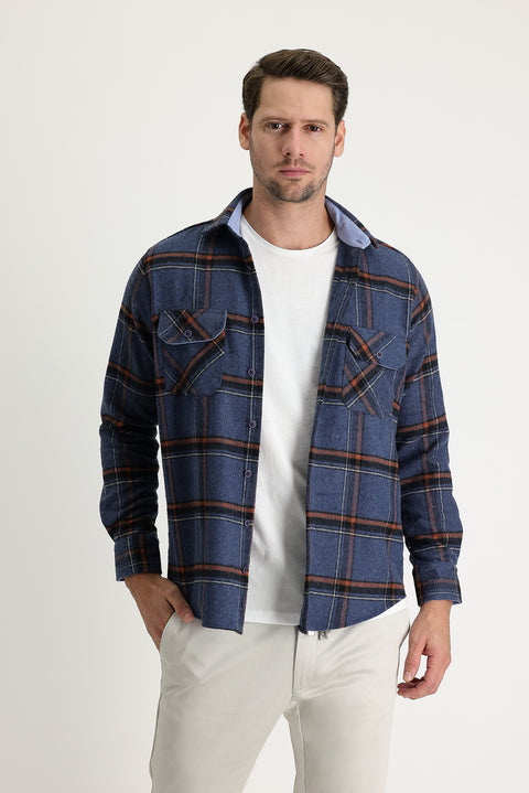 Aviator Blue Long Sleeve Regular Fit Plaid Shacket Lumberjack Shirt