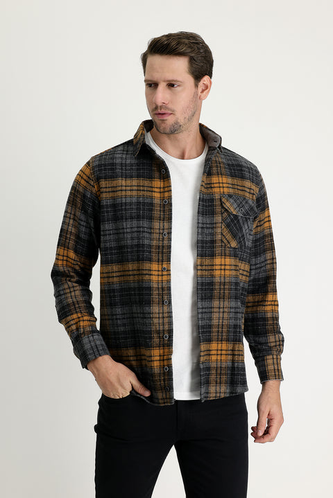 Dark Charcoal Regular Fit Plaid Shacket Shirt