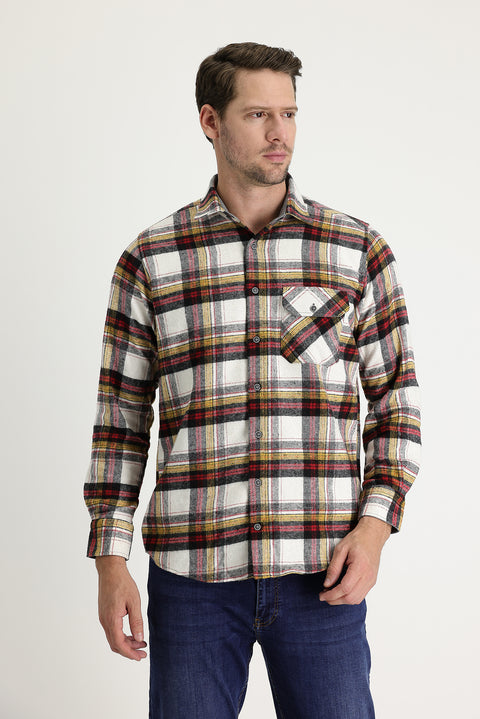 Ekru Uzun Kol Regular Fit Ekose Shacket Oduncu Pamuklu Gömlek