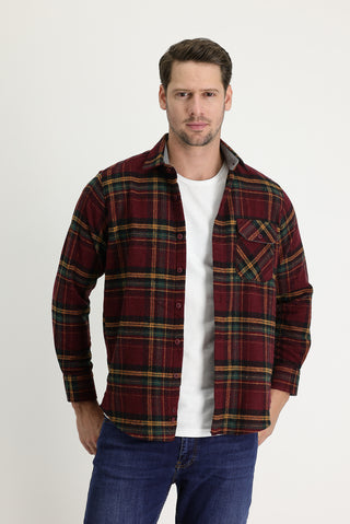  Koyu Bordo Regular Fit Ekose Shacket Gömlek