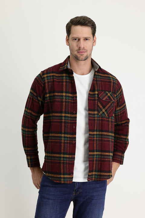 Koyu Bordo Regular Fit Ekose Shacket Pamuklu Gömlek