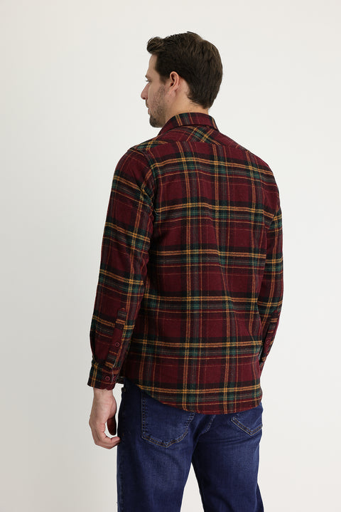 Koyu Bordo Regular Fit Ekose Shacket Pamuklu Gömlek