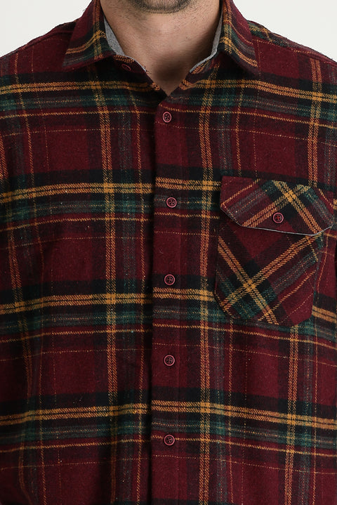 Koyu Bordo Regular Fit Ekose Shacket Pamuklu Gömlek
