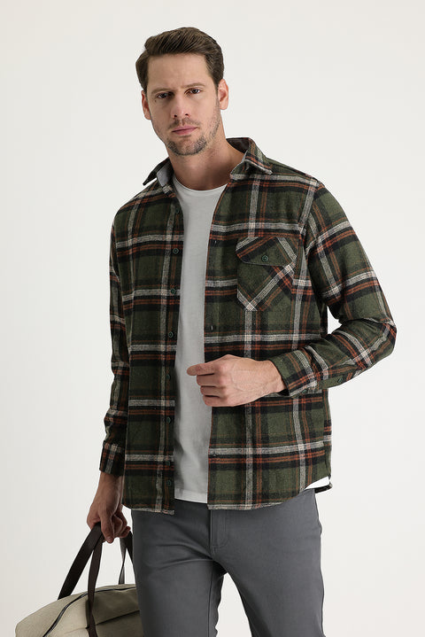 Koyu Yeşil Regular Fit Ekose Shacket Oduncu Pamuklu Gömlek