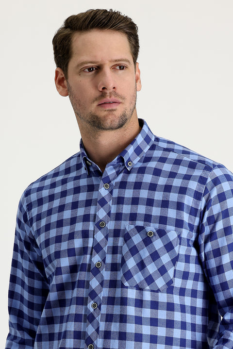 Light Navy Regular Fit Plaid Shacket Cotton Shirt