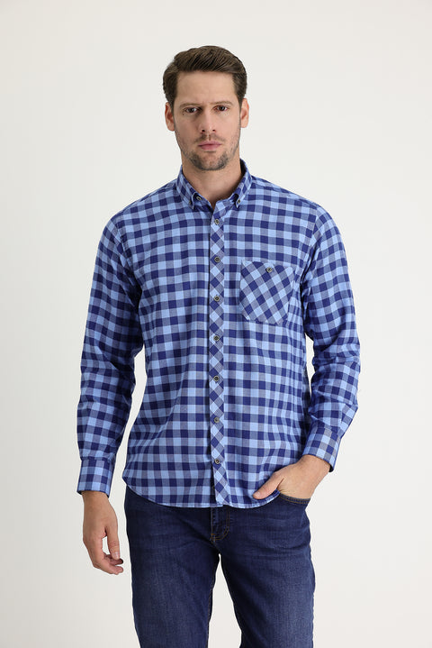 Light Navy Regular Fit Plaid Shacket Cotton Shirt