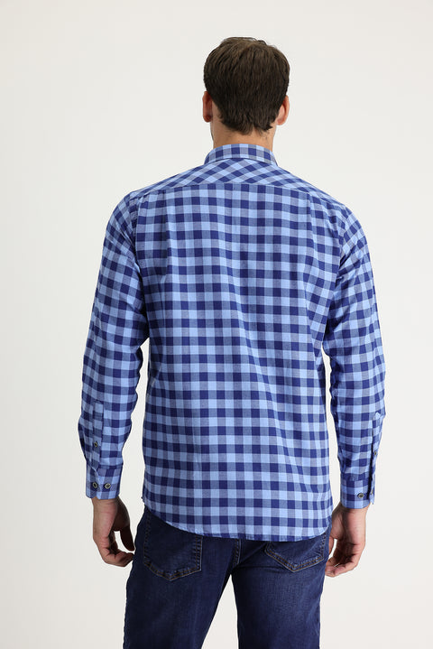 Light Navy Regular Fit Plaid Shacket Cotton Shirt