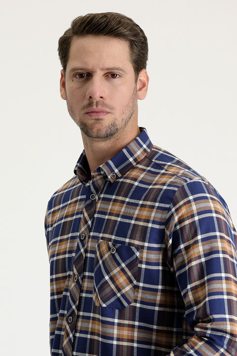 Tan Regular Fit Plaid Shacket Cotton Shirt