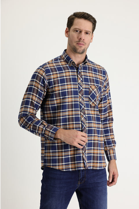 Tan Regular Fit Plaid Shacket Cotton Shirt