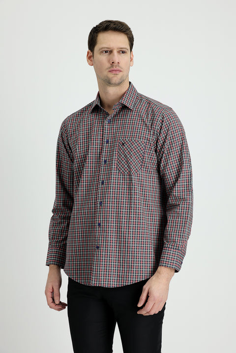 Dark Red Long Sleeve Regular Fit Plaid Cotton Shirt
