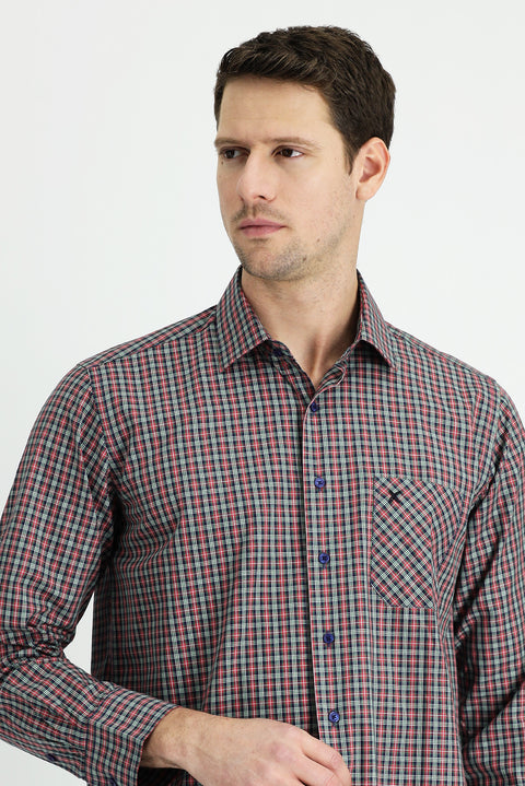 Dark Red Long Sleeve Regular Fit Plaid Cotton Shirt
