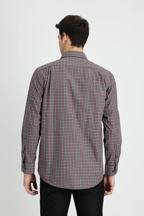 Dark Red Long Sleeve Regular Fit Plaid Cotton Shirt